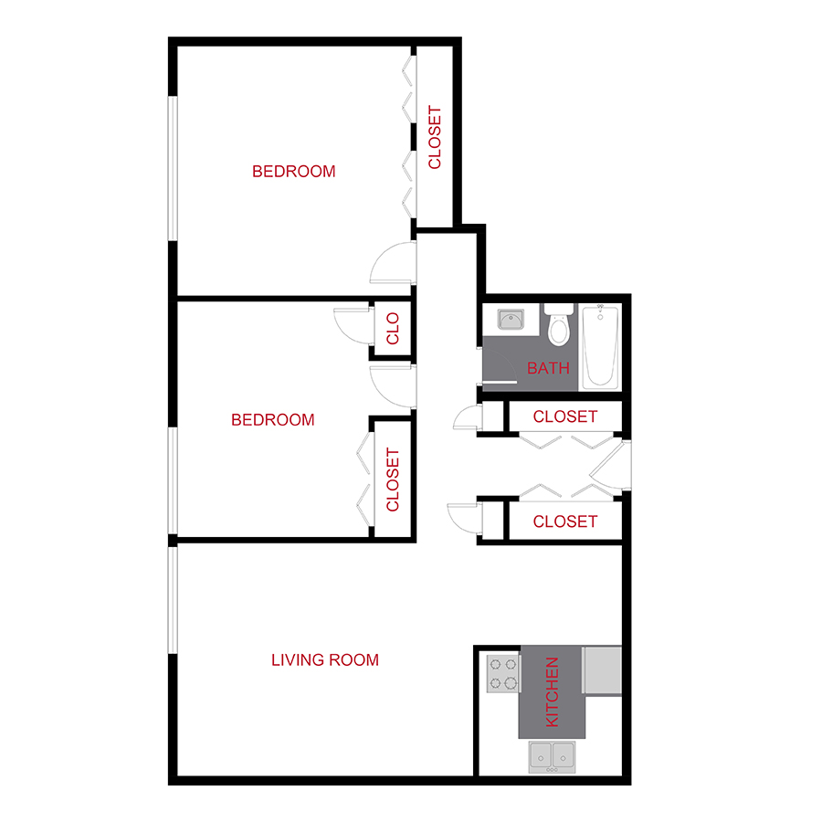 Rendering of the Plan B - Two Bedroom floor plan with 2 bedroom[s] and 1 bathroom[s] at 870 Cherry