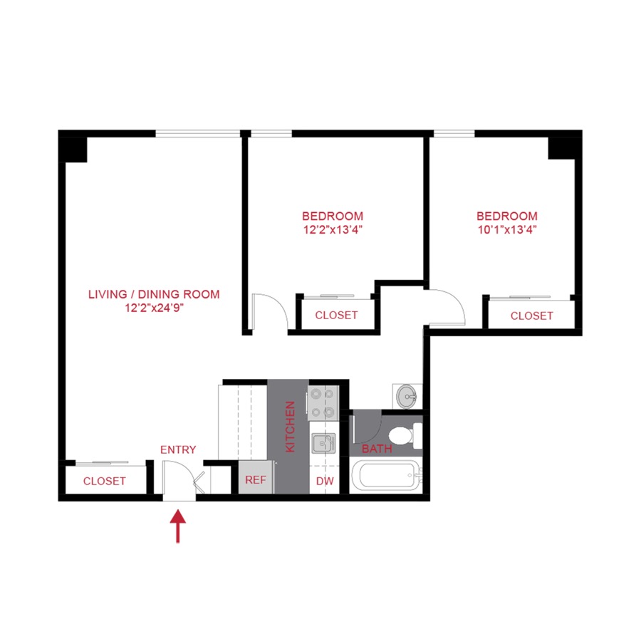 Rendering of the B3 floor plan with 2 bedroom[s] and 1 bathroom[s] at 180 Flats