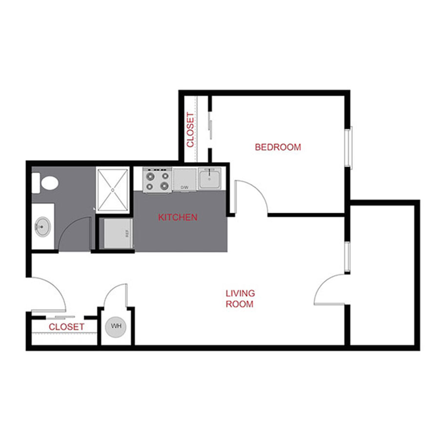 Rendering of the 1145 A1 - One Bedroom floor plan with 1 bedroom[s] and 1 bathroom[s] at 1145 & 1153 Ogden