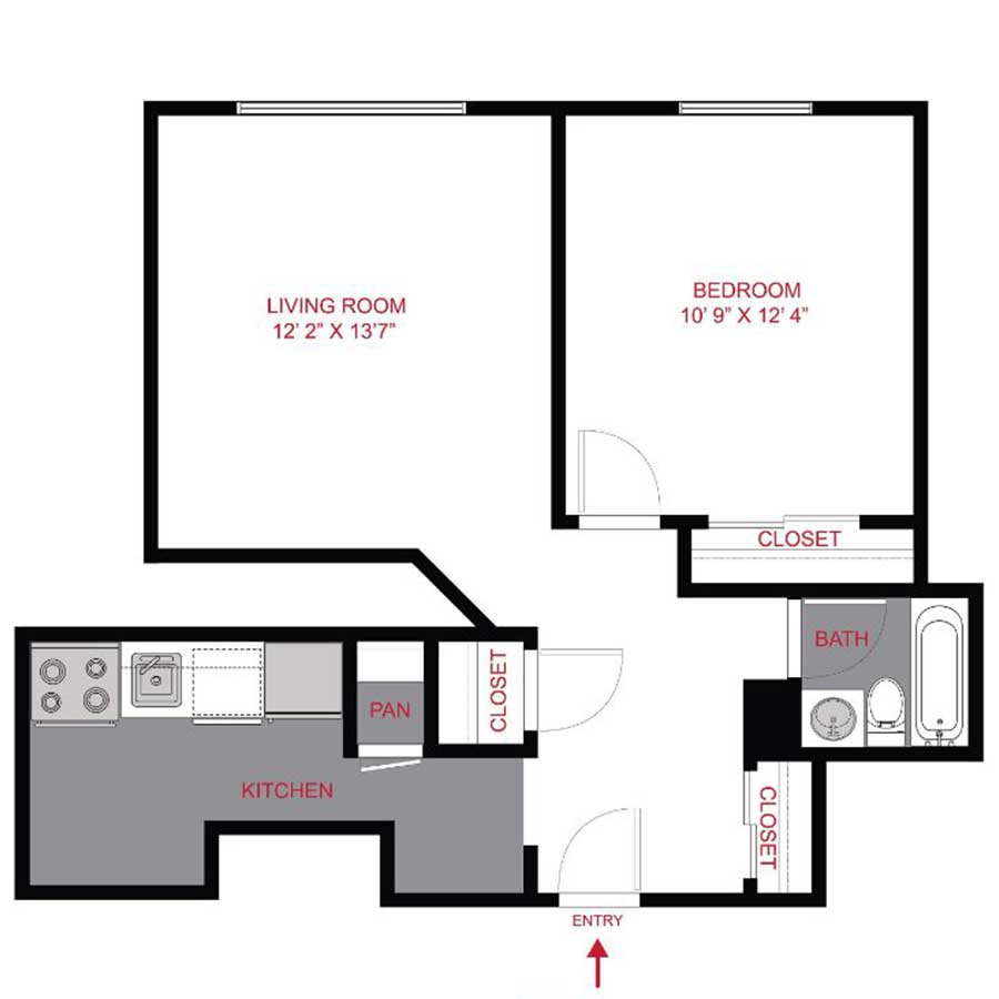 Rendering of the A1R floor plan with 1 bedroom[s] and 1 bathroom[s] at 1402 Race