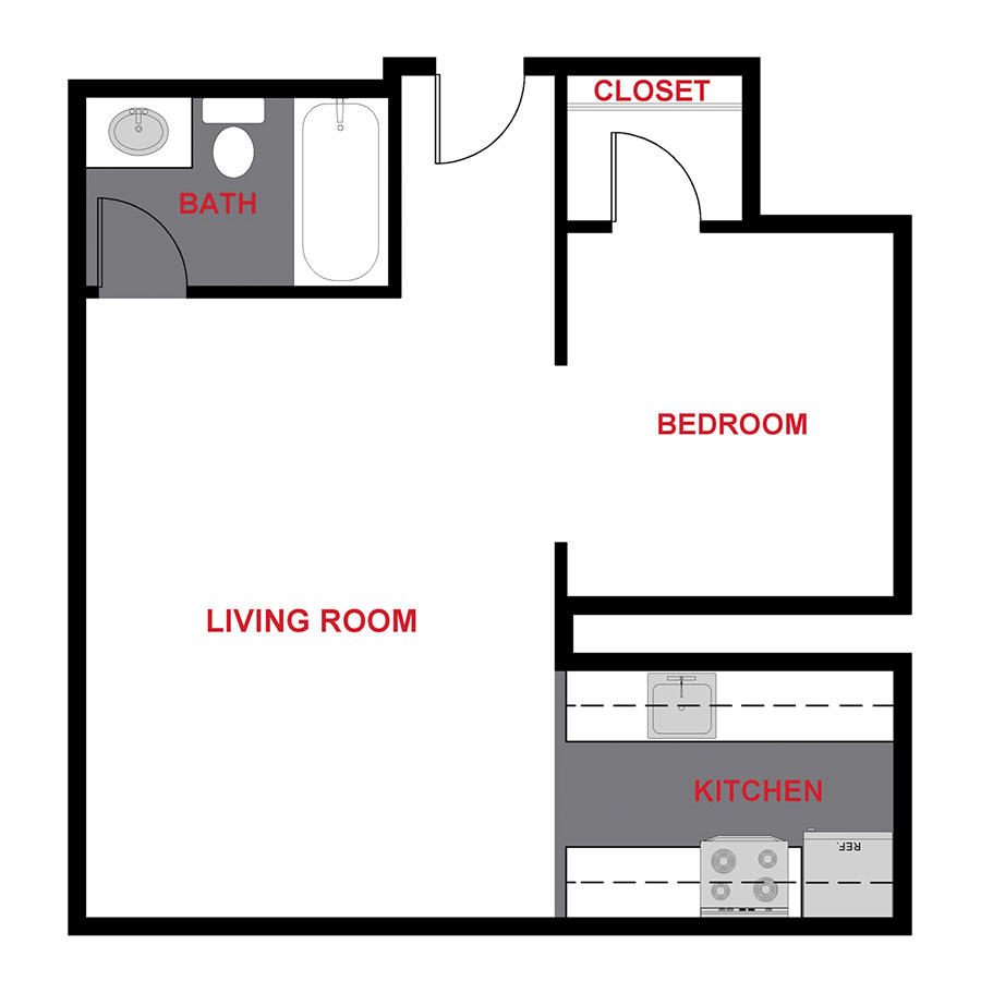 Rendering of the 1373 Studio floor plan with a Studio bedroom and 1 bathroom[s] at 1357 & 1373 Cook