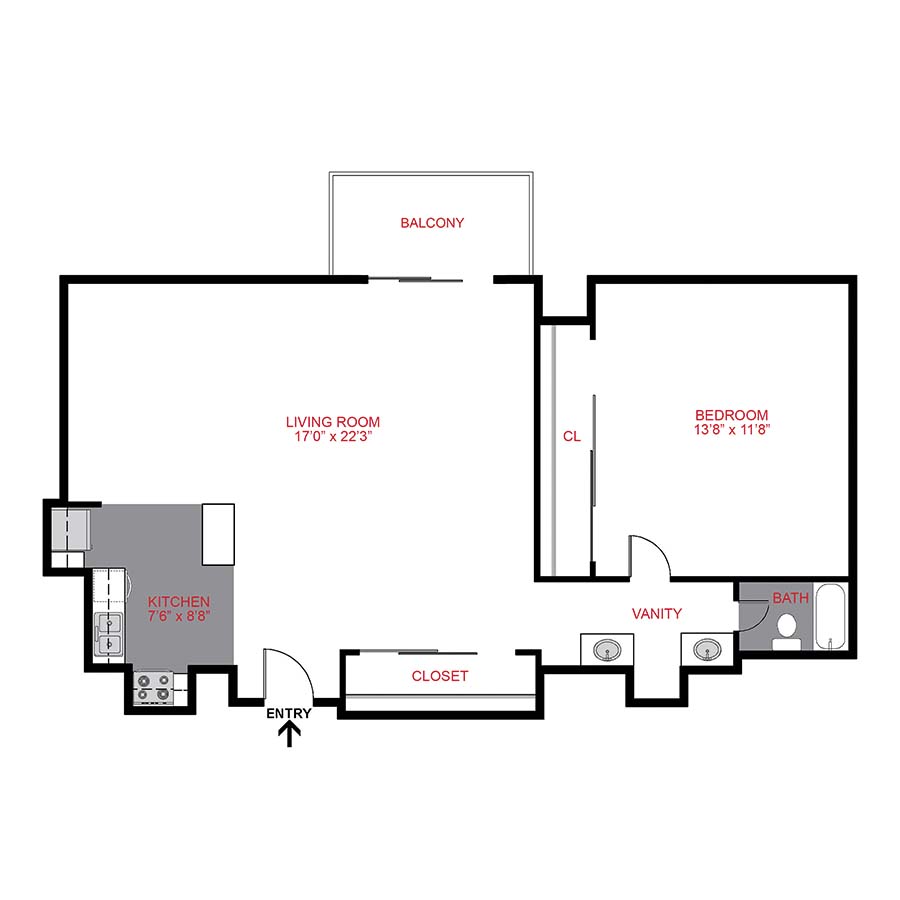 Rendering of the Plan A2 - One Bedroom floor plan with 1 bedroom[s] and 1 bathroom[s] at 1311 Cook