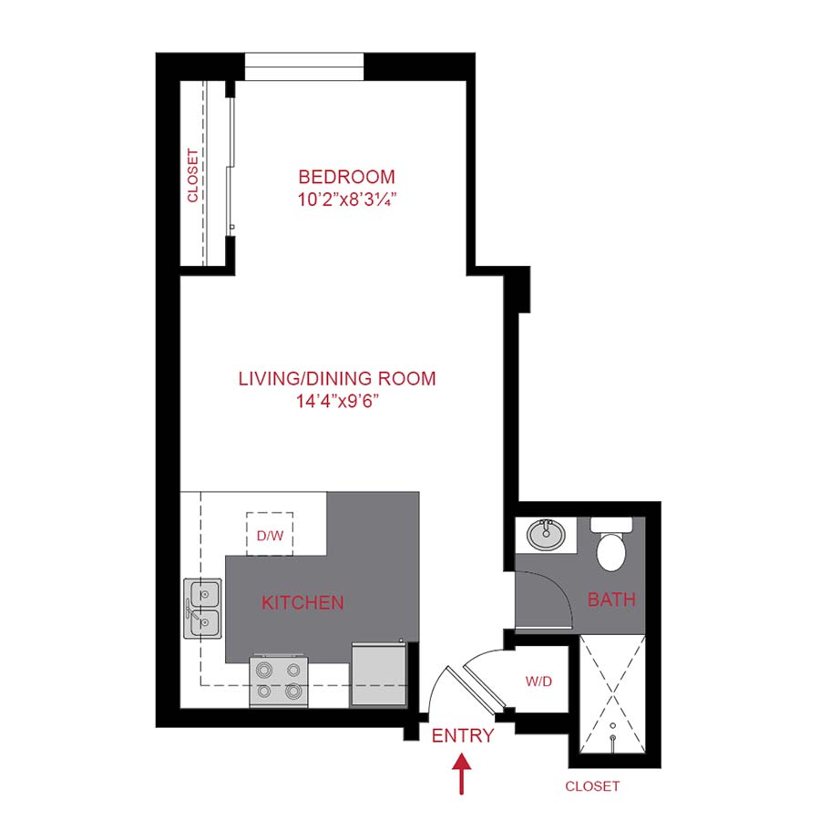 Rendering of the S2 floor plan with a Studio bedroom and 1 bathroom[s] at 1280 Lafayette