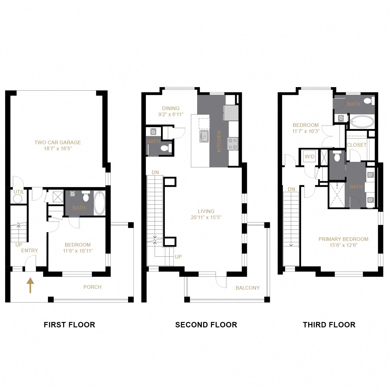 Rendering of the The Encore floor plan with 3 bedroom[s] and 3.5 bathroom[s] at Allyson Townhomes