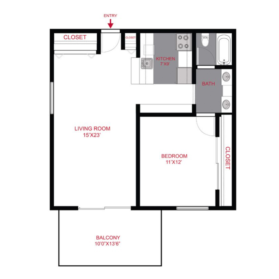 Rendering of the A2 floor plan with 1 bedroom[s] and 1 bathroom[s] at Story