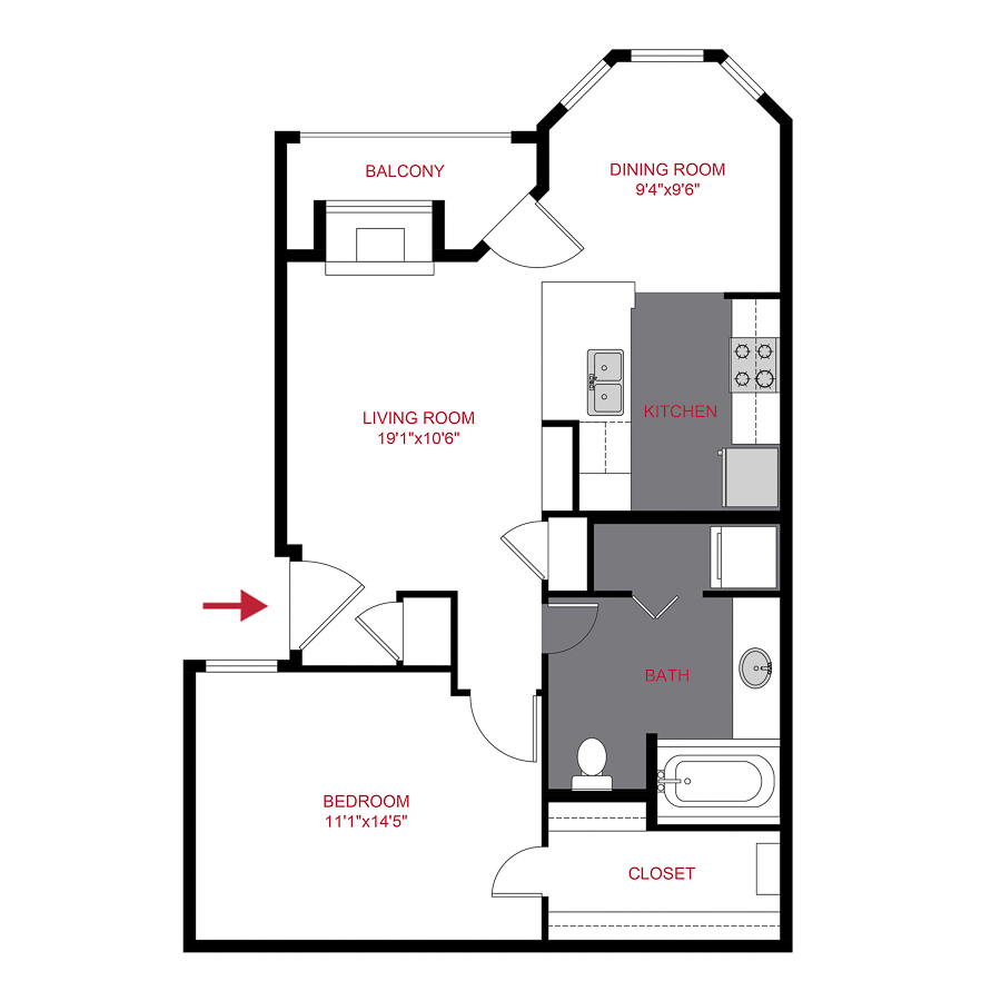 Rendering of the CatTail floor plan with 1 bedroom[s] and 1 bathroom[s] at Timber Creek