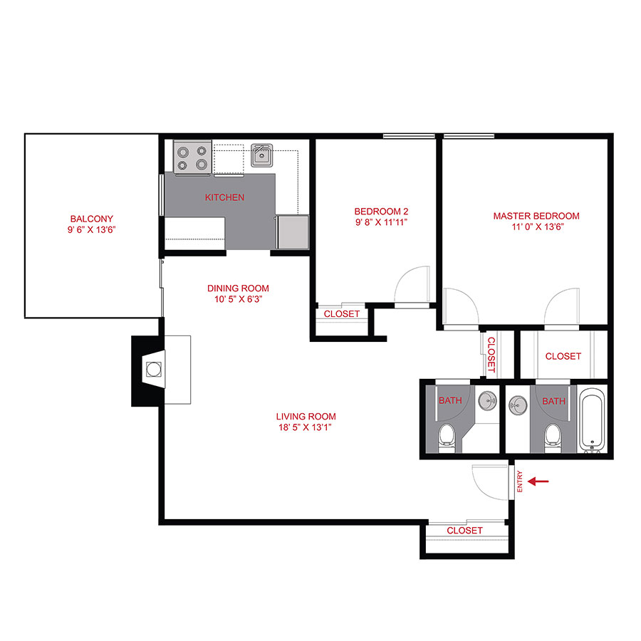 Rendering of the B2 floor plan with 2 bedroom[s] and 2 bathroom[s] at Story