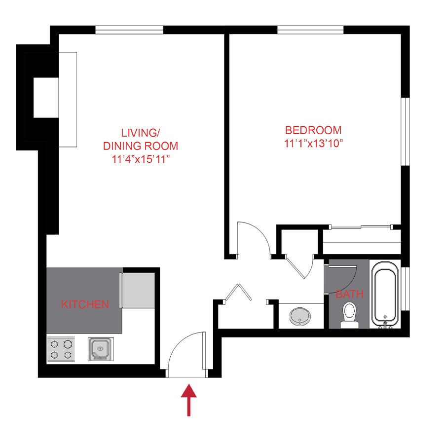 Rendering of the A1 floor plan with 1 bedroom[s] and 1 bathroom[s] at 1360 Williams