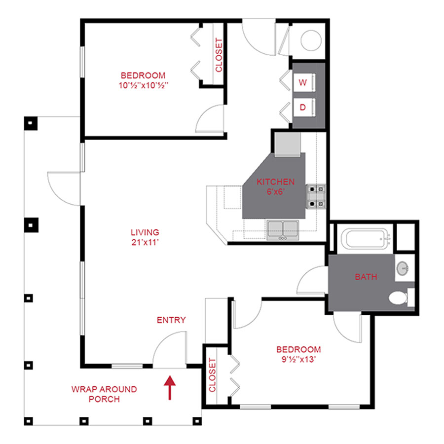 Rendering of the B1.A floor plan with 2 bedroom[s] and 1 bathroom[s] at Trocadero