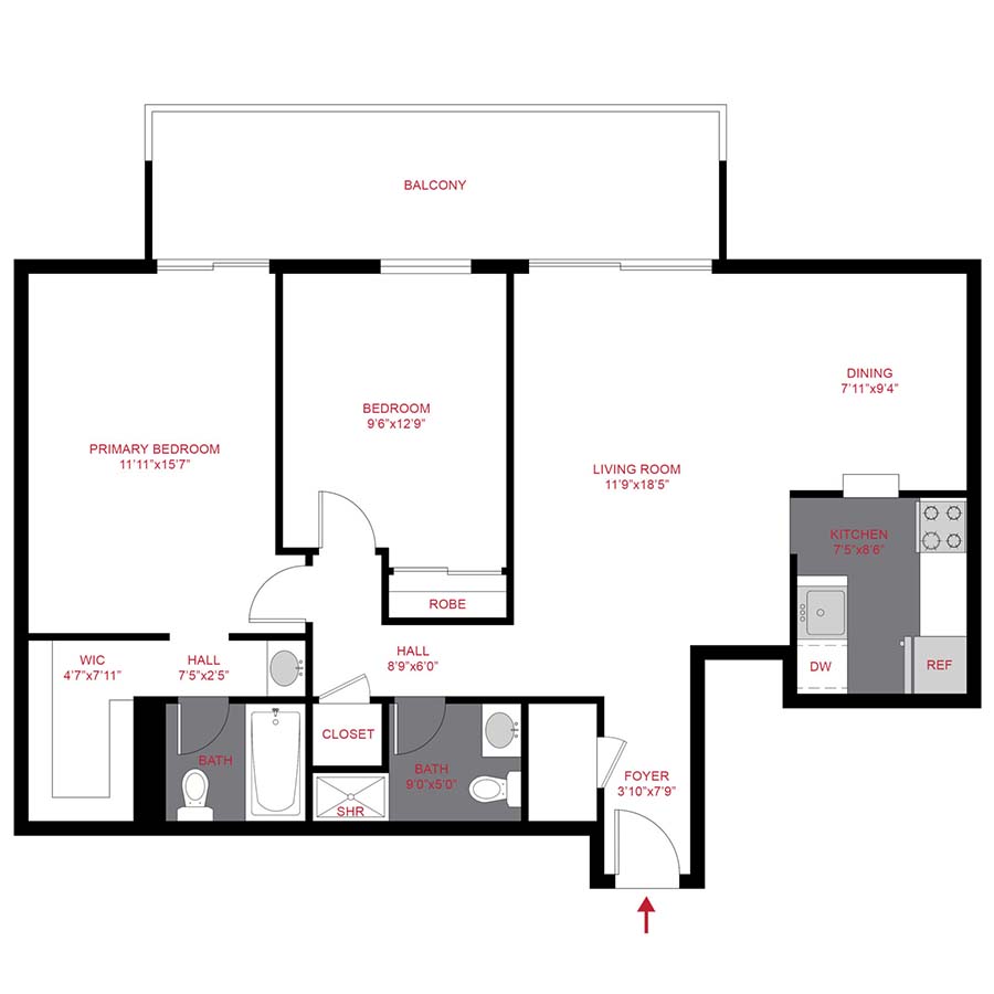 Rendering of the B1 floor plan with 2 bedroom[s] and 2 bathroom[s] at 1280 Lafayette