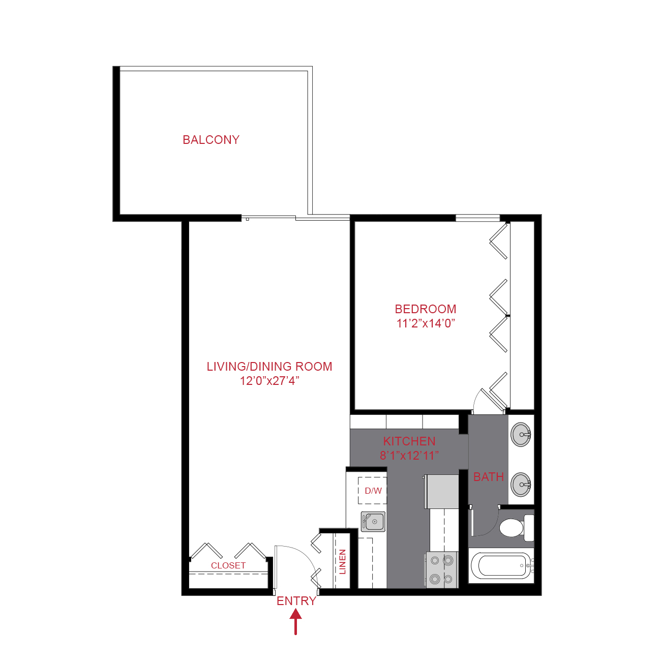 Rendering of the a1 floor plan with 1 bedroom[s] and 1 bathroom[s] at The Scot