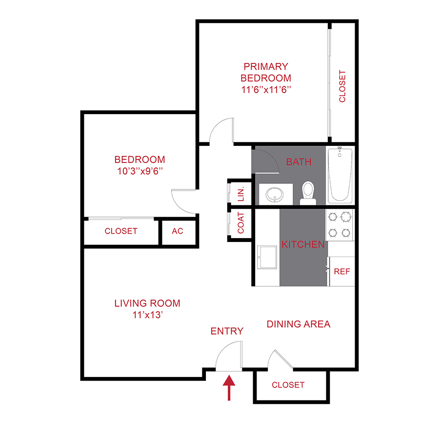 Rendering of the Cottonwood floor plan with 2 bedroom[s] and 1 bathroom[s] at Canopy Creek