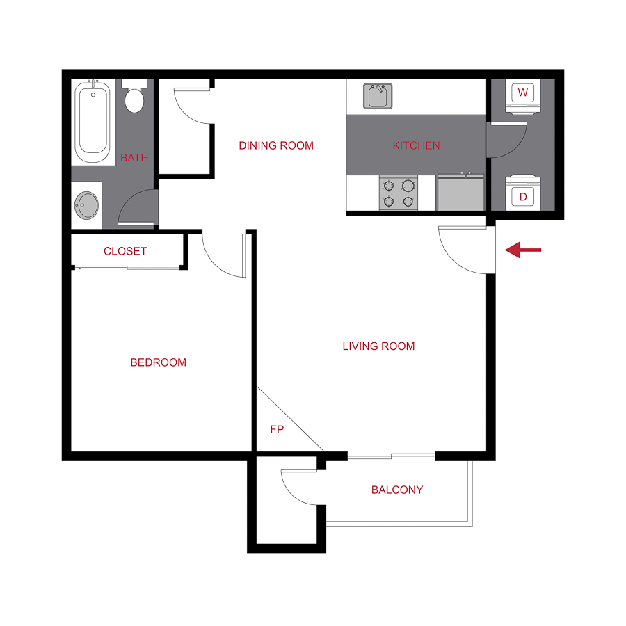 Rendering of the Eagle floor plan with 1 bedroom[s] and 1 bathroom[s] at Hadley