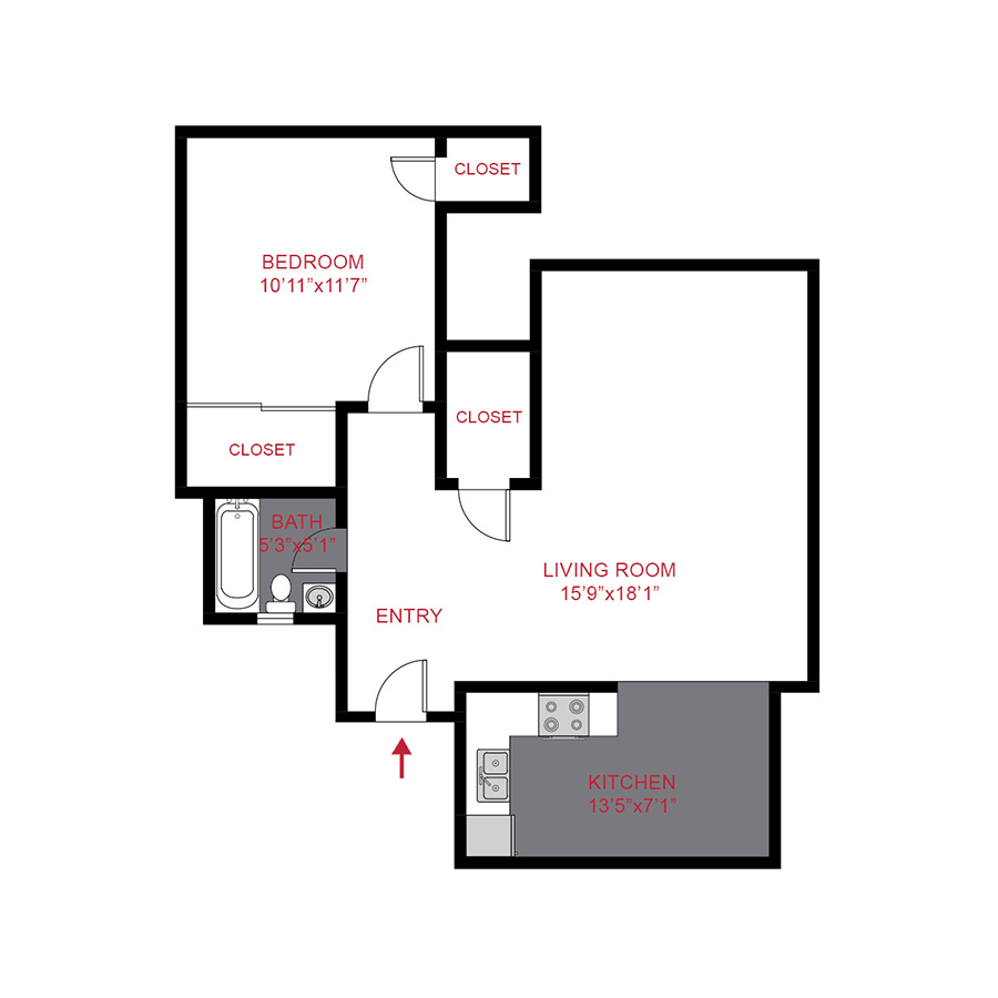 Rendering of the A3 floor plan with 1 bedroom[s] and 1 bathroom[s] at The Ash
