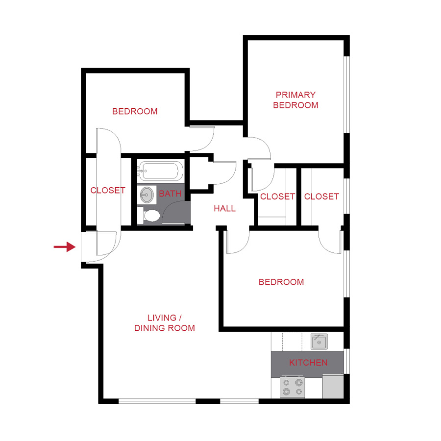 Rendering of the Plan B - Two Bedroom + Office floor plan with 2 bedroom[s] and 1 bathroom[s] at 60 Corona