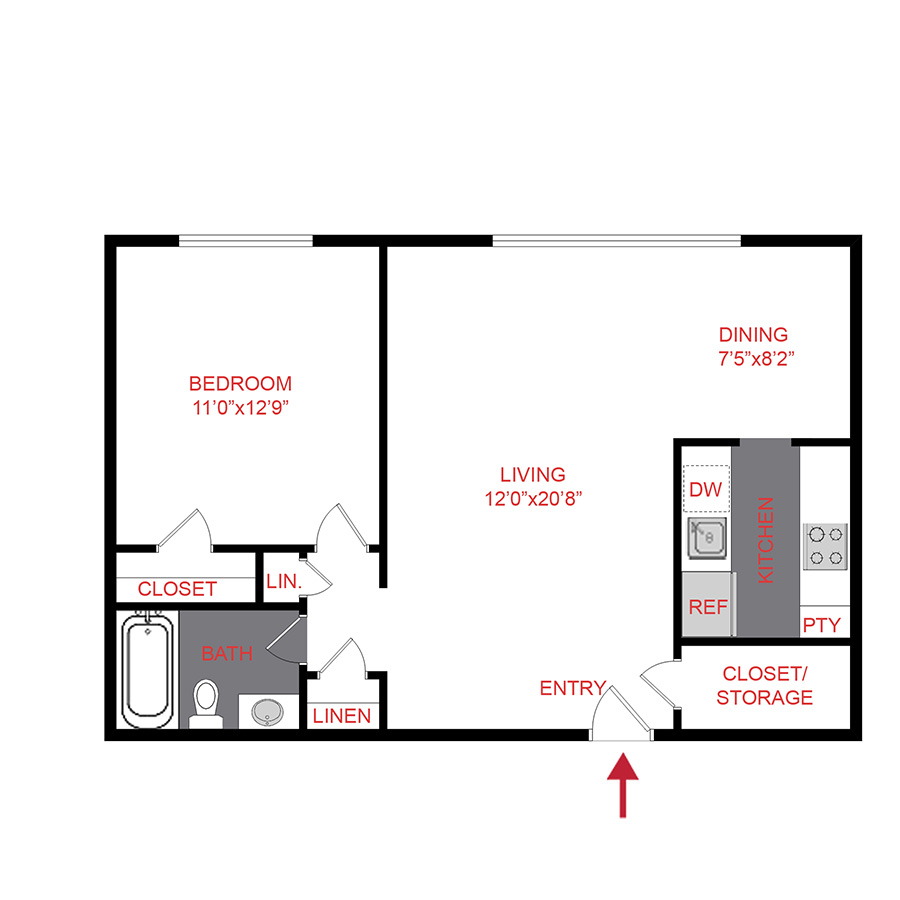 Rendering of the A2 floor plan with 1 bedroom[s] and 1 bathroom[s] at 25 Emerson