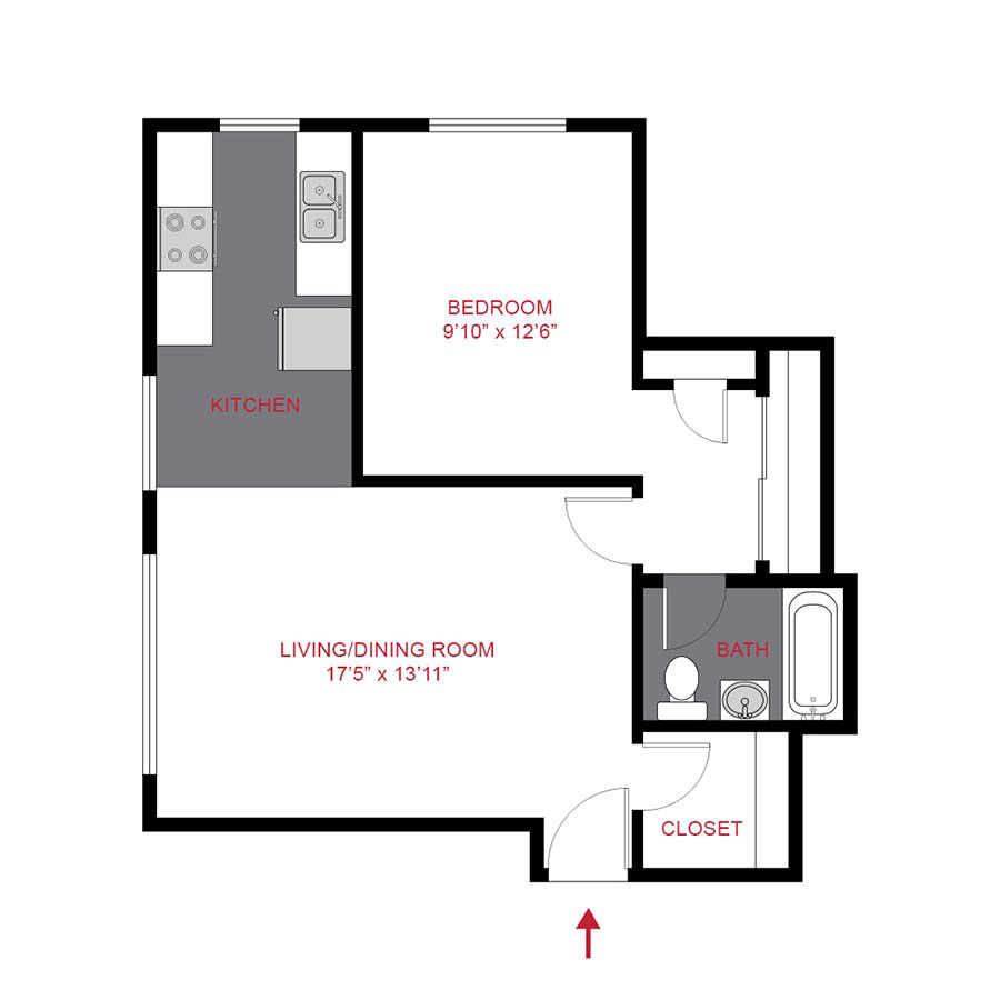 Rendering of the Plan A - One Bedroom floor plan with 1 bedroom[s] and 1 bathroom[s] at 60 Corona