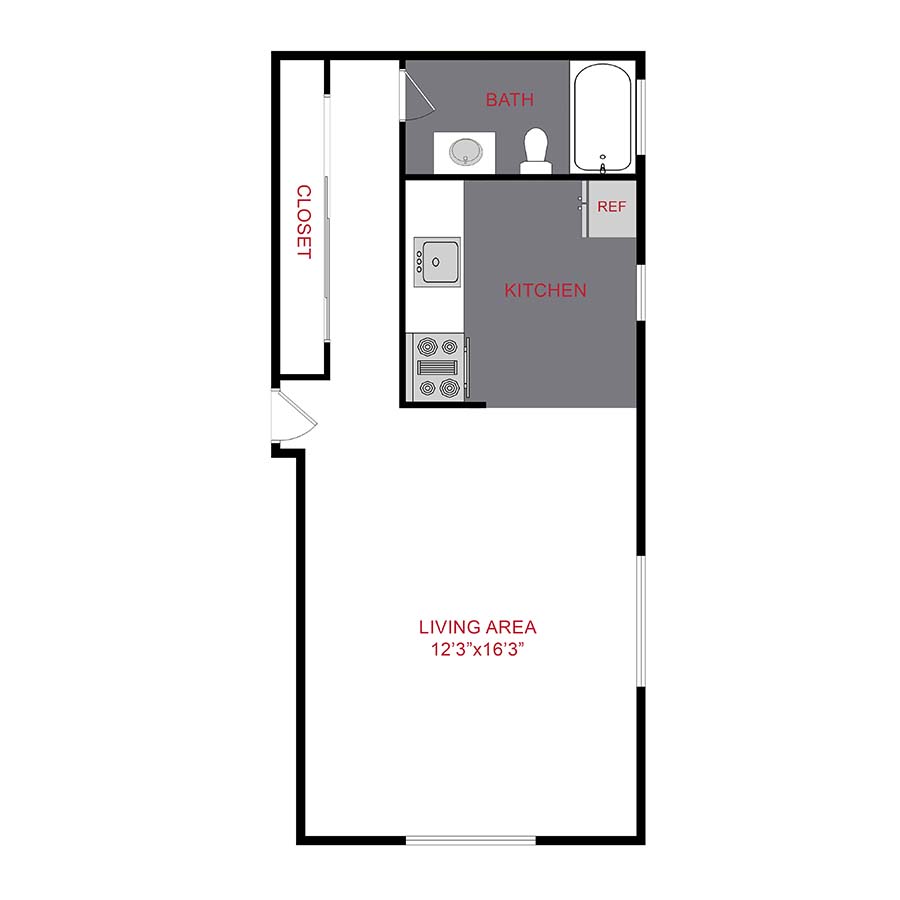 Rendering of the S1 floor plan with a Studio bedroom and 1 bathroom[s] at 1120/1136 York