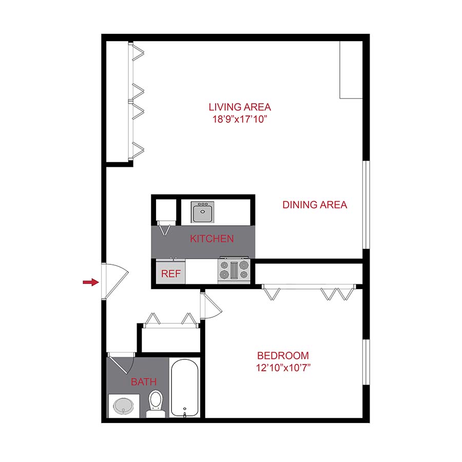 Rendering of the a2 floor plan with 1 bedroom[s] and 1 bathroom[s] at 950 Lafayette
