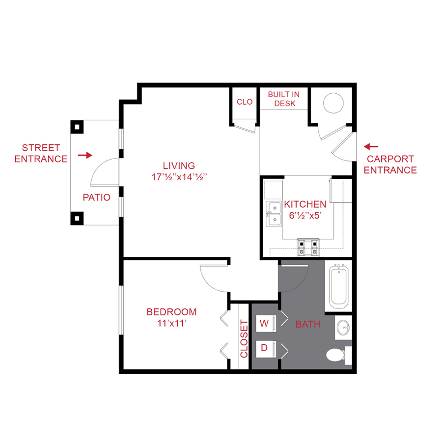 Rendering of the A2 floor plan with 1 bedroom[s] and 1 bathroom[s] at Trocadero