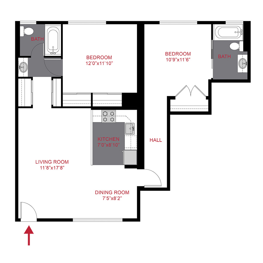 Rendering of the 825 Dahlia - Plan B4 floor plan with 2 bedroom[s] and 2 bathroom[s] at The Dexters & Dahlias