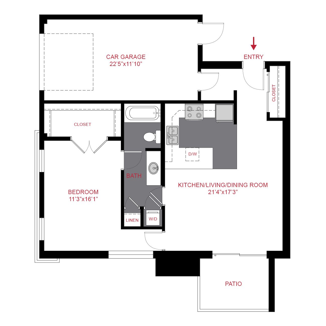 Rendering of the a2 floor plan with 1 bedroom[s] and 1 bathroom[s] at The Scot