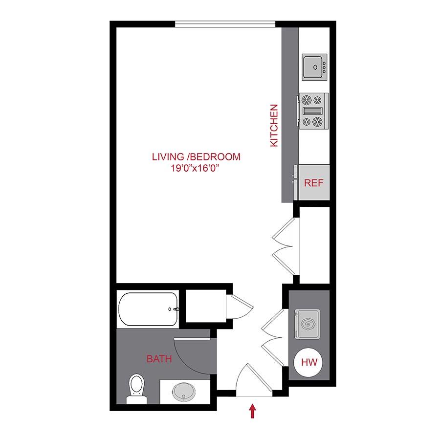 Rendering of the The Bennet floor plan with a Studio bedroom and 1 bathroom[s] at 7/S Denver Haus