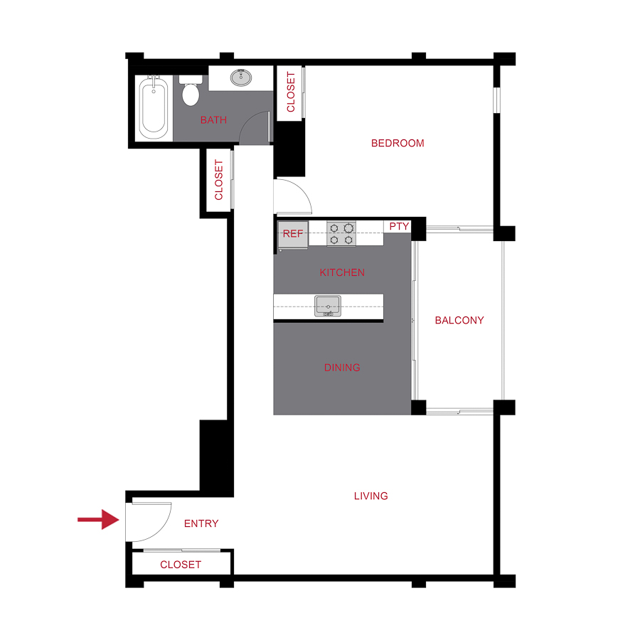 Rendering of the Plan A2 floor plan with 1 bedroom[s] and 1 bathroom[s] at 1000 Grant the Burnsley