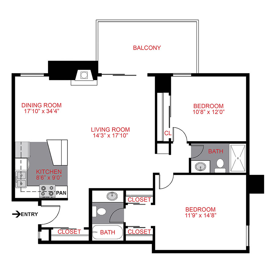 Rendering of the Plan B2 - Two Bedroom floor plan with 2 bedroom[s] and 2 bathroom[s] at 1311 Cook