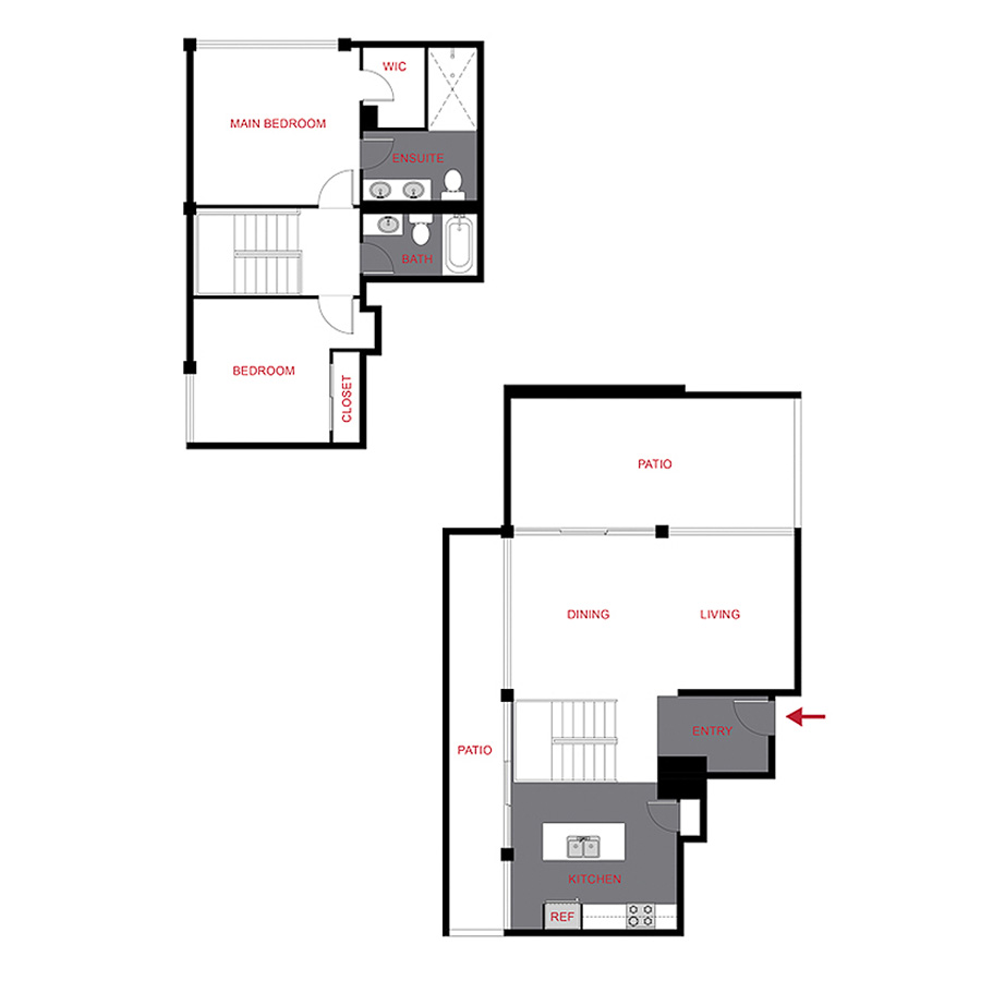 Rendering of the Plan B1 - Penthouse floor plan with 2 bedroom[s] and 2 bathroom[s] at 1000 Grant the Burnsley