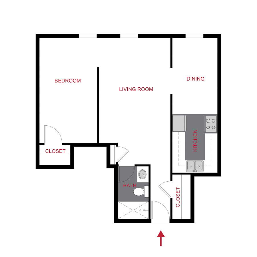 Rendering of the Plan S4 - Studio floor plan with a Studio bedroom and 1 bathroom[s] at 970 Penn