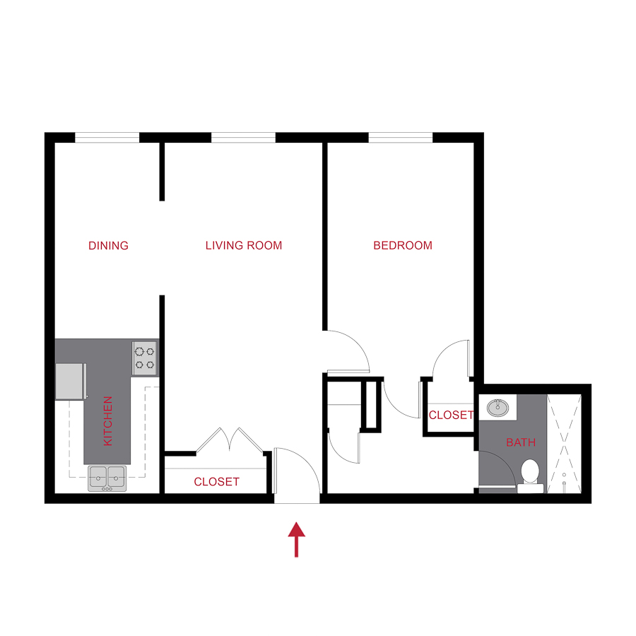 Rendering of the Plan A3 - One Bedroom floor plan with 1 bedroom[s] and 1 bathroom[s] at 970 Penn