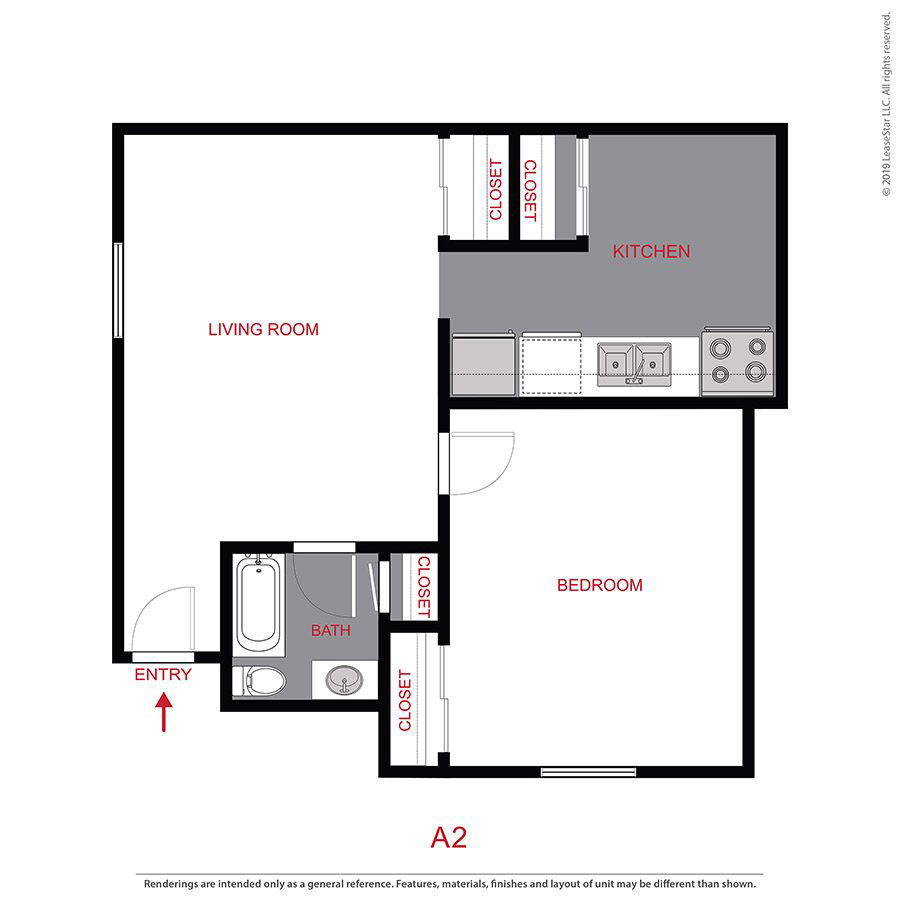 Rendering of the 1 Bed 1 Bath floor plan with 1 bedroom[s] and 1 bathroom[s] at 960 S Logan