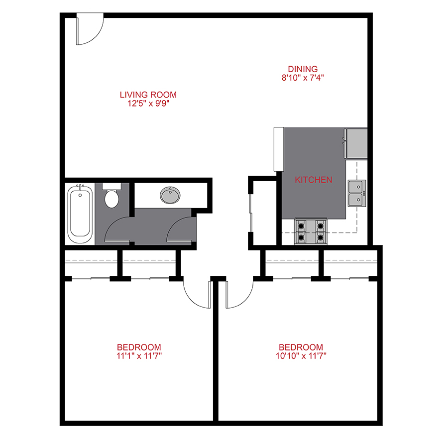 Rendering of the Plan B - Two Bedroom floor plan with 2 bedroom[s] and 1 bathroom[s] at 833 Dexter