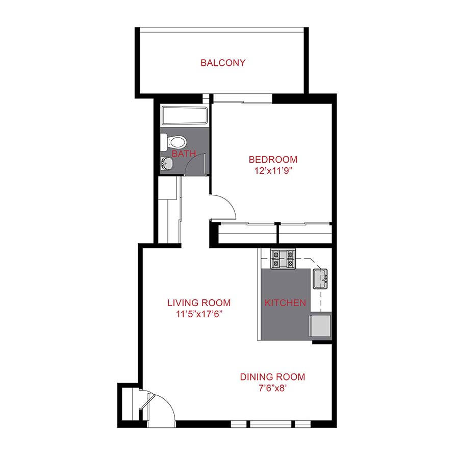 Rendering of the 825 Dahlia - Plan A2 floor plan with 1 bedroom[s] and 1 bathroom[s] at The Dexters & Dahlias