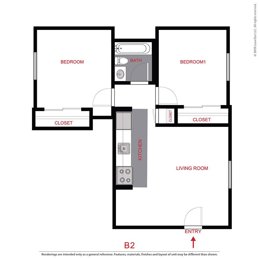 Rendering of the 2 Bed 1 Bath floor plan with 2 bedroom[s] and 1 bathroom[s] at 960 S Logan