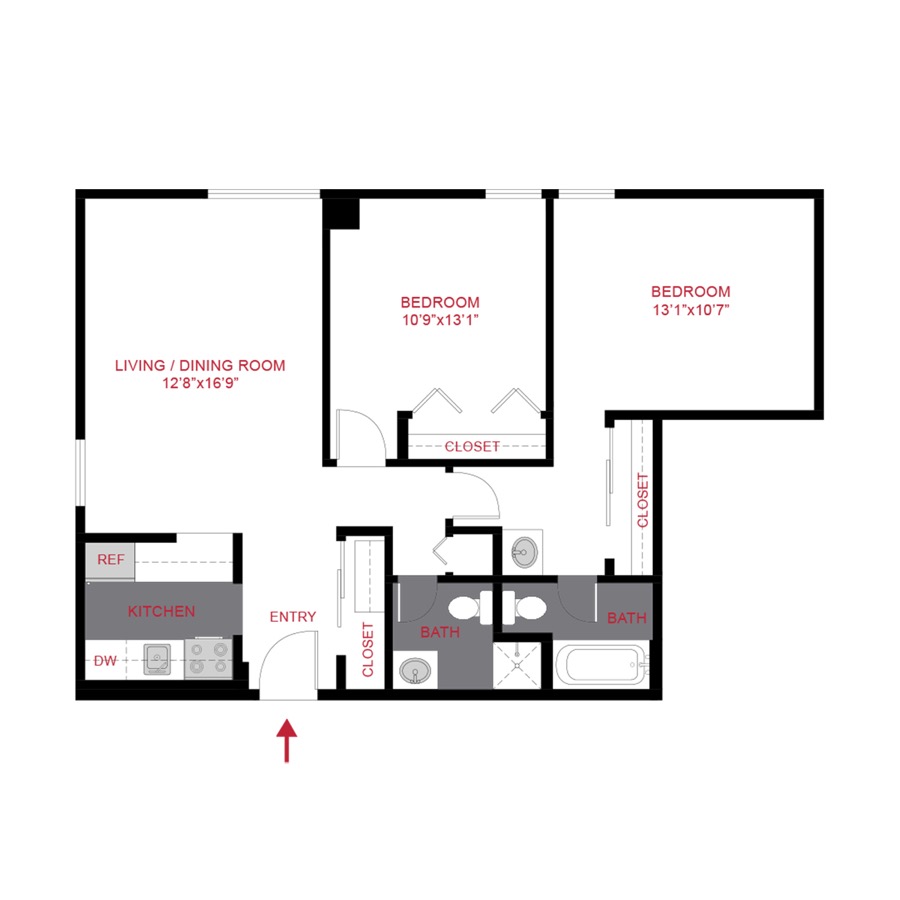 Rendering of the B2R floor plan with 2 bedroom[s] and 2 bathroom[s] at 180 Flats
