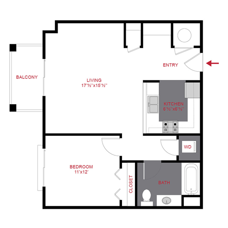 Rendering of the A2.A floor plan with 1 bedroom[s] and 1 bathroom[s] at Trocadero