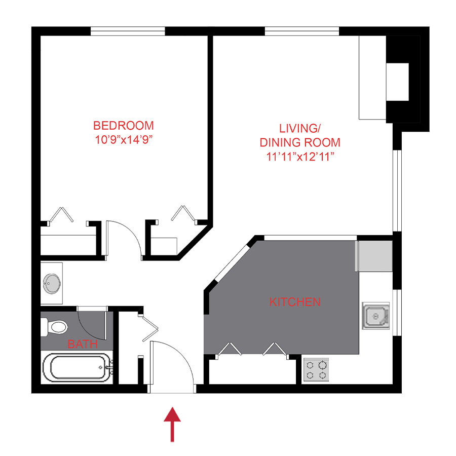 Rendering of the A2 floor plan with 1 bedroom[s] and 1 bathroom[s] at 1360 Williams