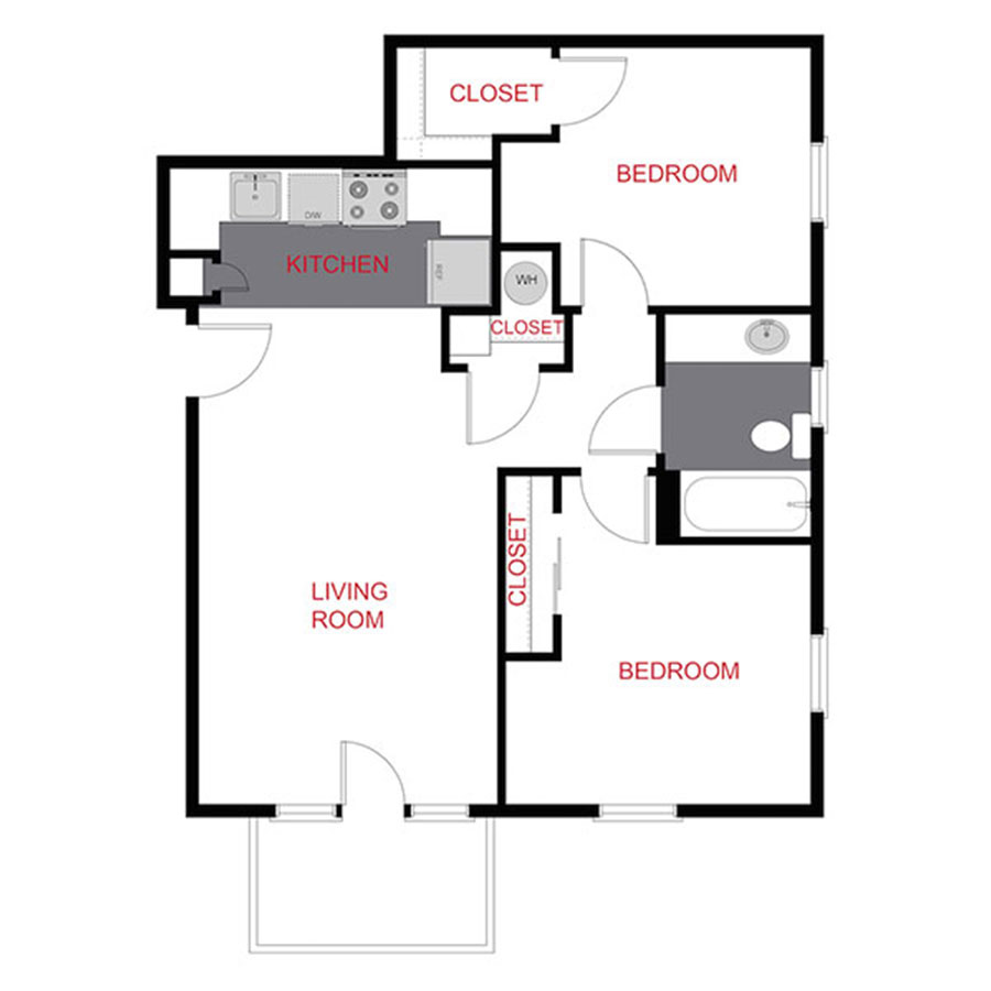 Rendering of the 1145 B1 - Two Bedroom floor plan with 2 bedroom[s] and 1 bathroom[s] at 1145 & 1153 Ogden