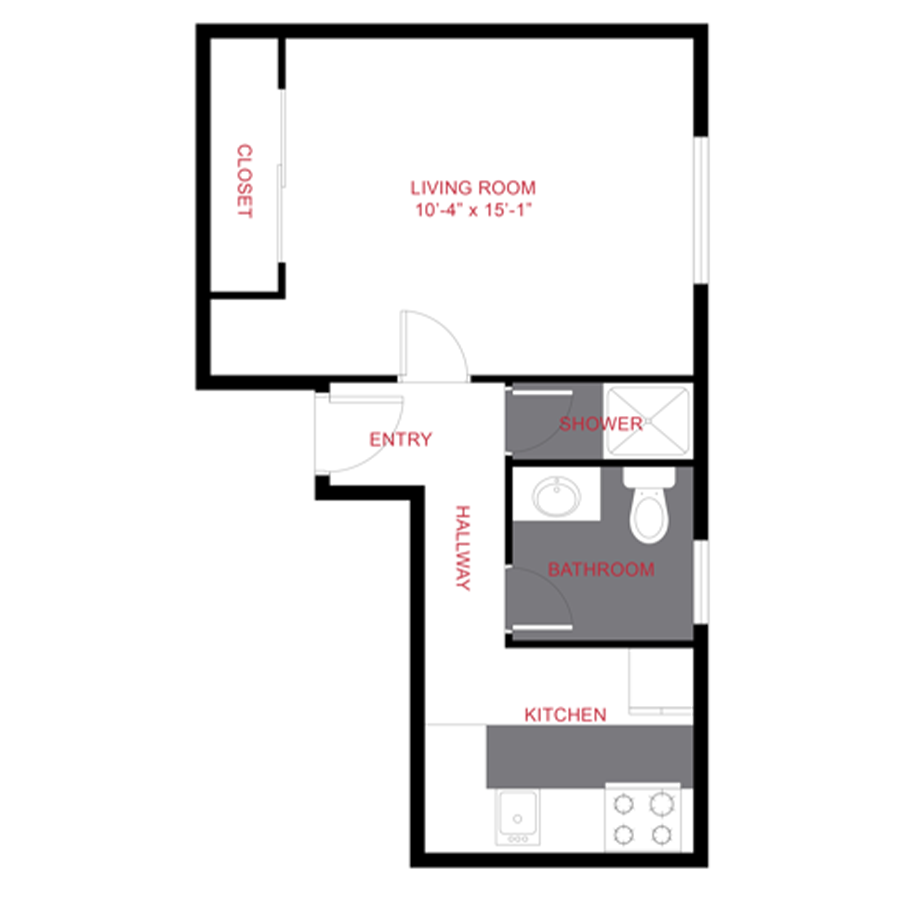 Rendering of the S1 floor plan with a Studio bedroom and 1 bathroom[s] at 10 S Penn