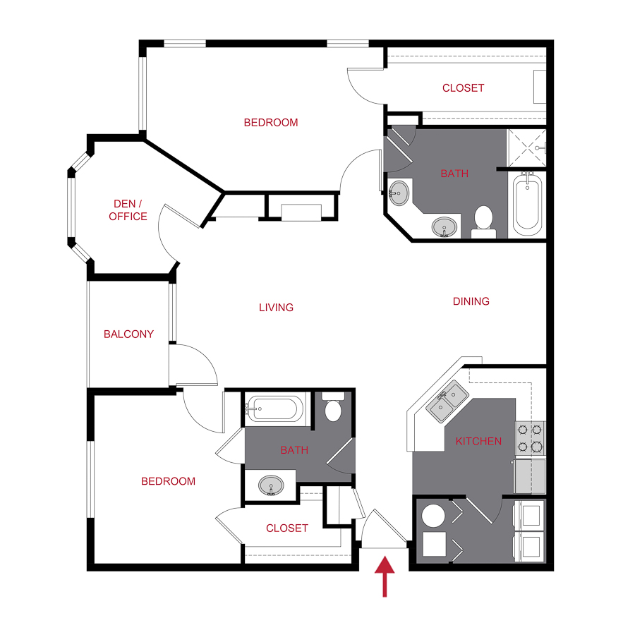 Rendering of the Village Green + Study floor plan with 2 bedroom[s] and 2 bathroom[s] at Timber Creek