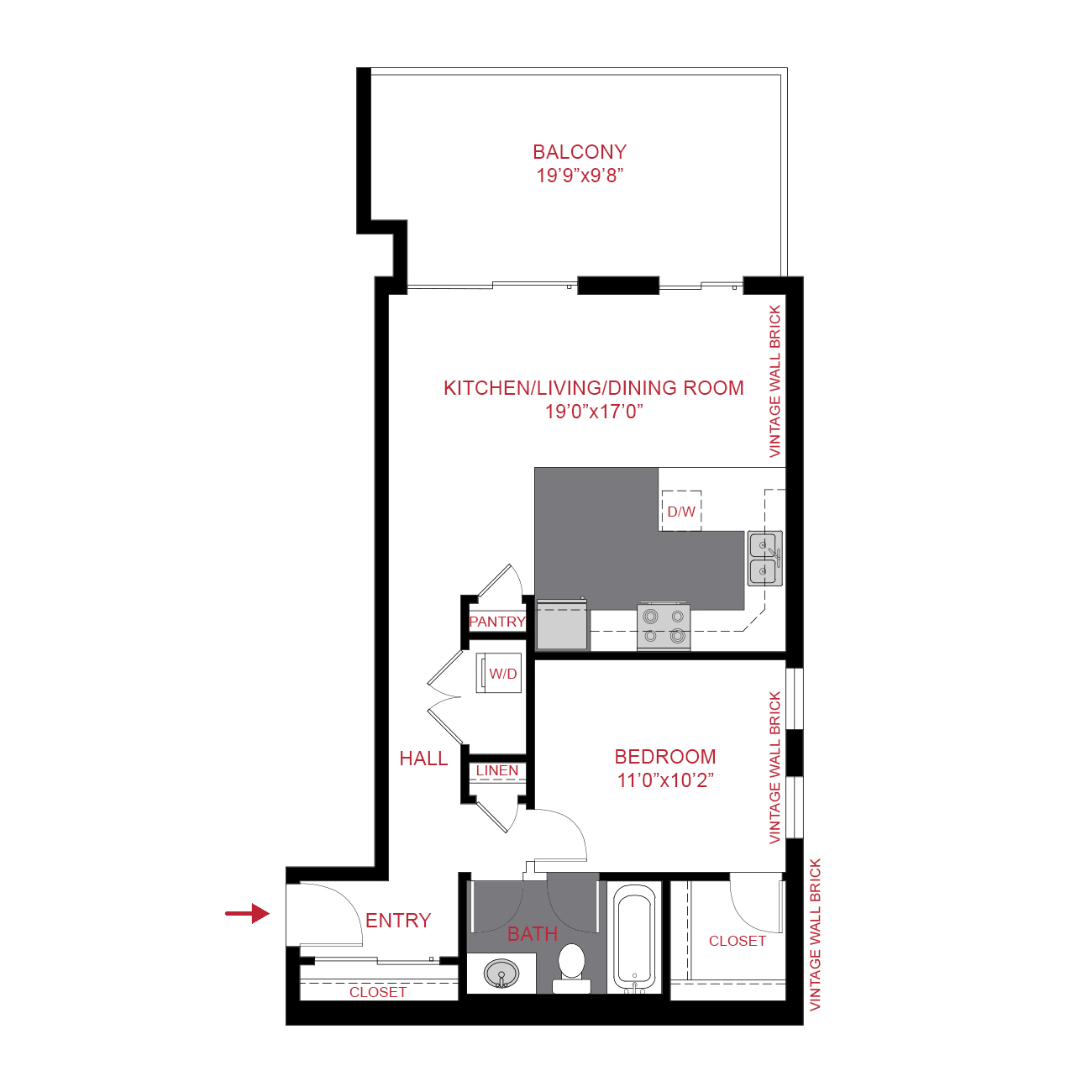 Rendering of the a5 floor plan with 1 bedroom[s] and 1 bathroom[s] at The Scot