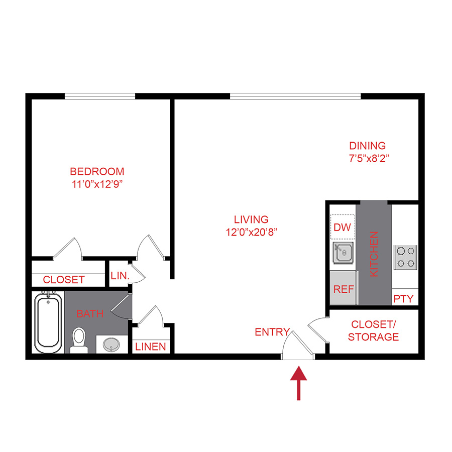 Rendering of the A5 floor plan with 1 bedroom[s] and 1 bathroom[s] at 25 Emerson