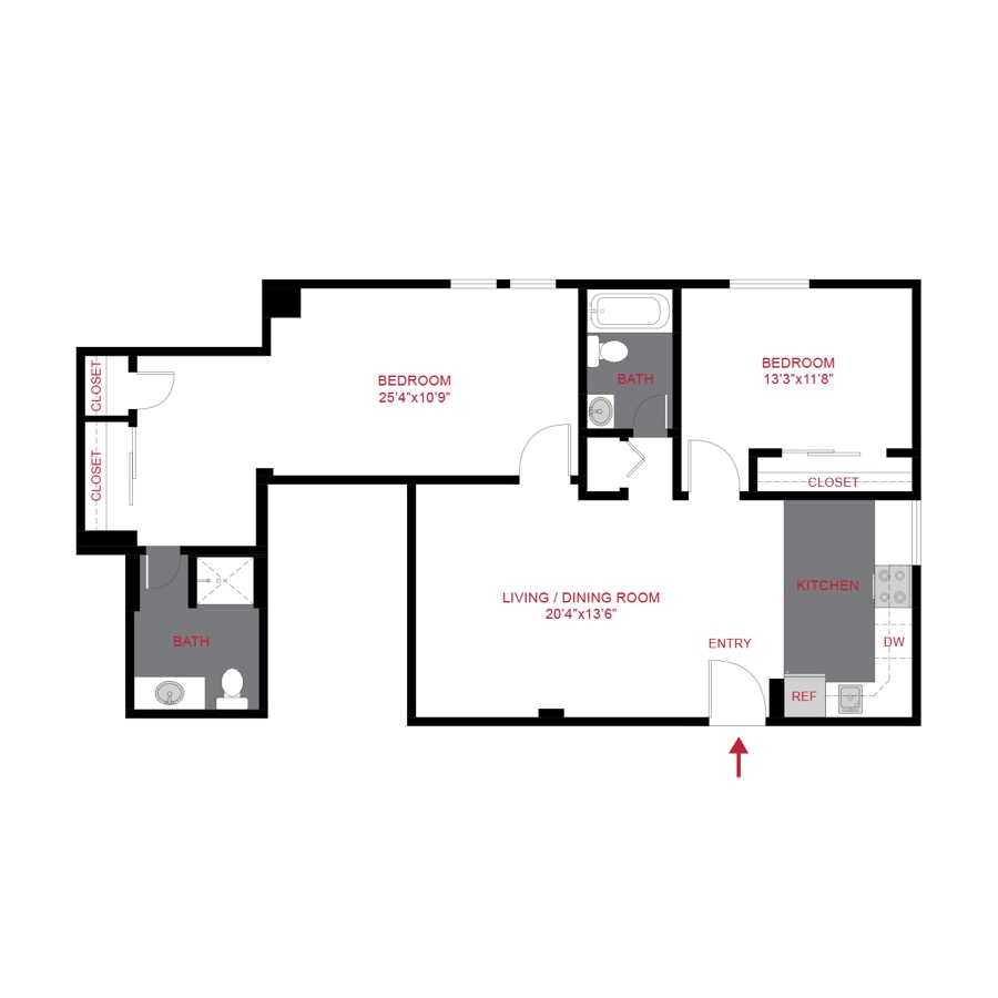 Rendering of the B4 floor plan with 2 bedroom[s] and 2 bathroom[s] at 180 Flats