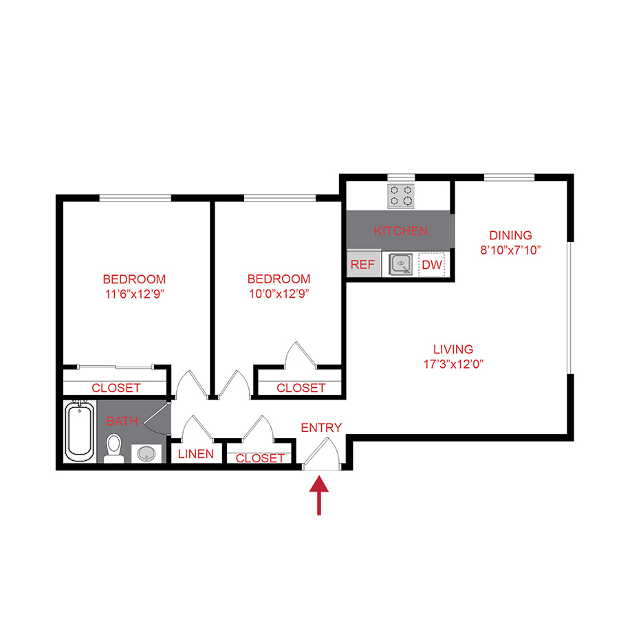 Rendering of the B2 floor plan with 2 bedroom[s] and 1 bathroom[s] at 25 Emerson
