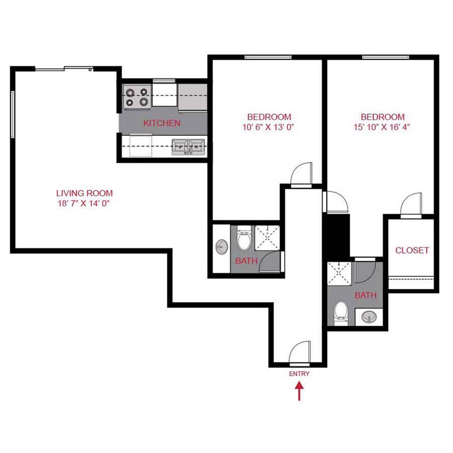 Rendering of the B2 floor plan with 2 bedroom[s] and 2 bathroom[s] at 1280 Lafayette