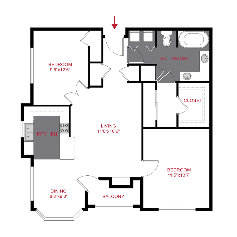 Rendering of the GM Wallace + Den floor plan with 1 bedroom[s] and 1 bathroom[s] at Timber Creek