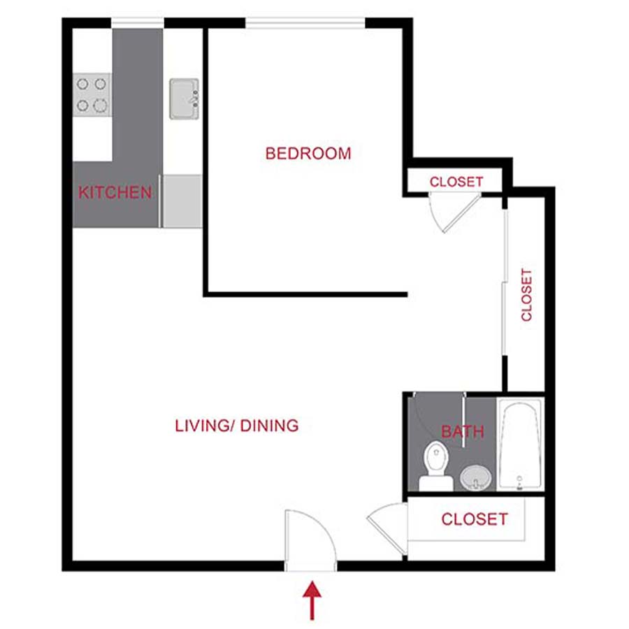 Rendering of the Plan A - One Bedroom floor plan with 1 bedroom[s] and 1 bathroom[s] at 870 Cherry