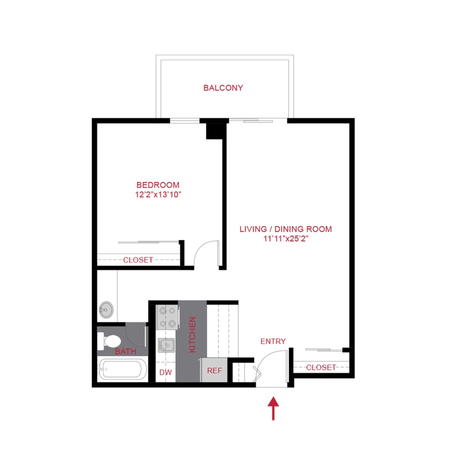 Rendering of the A2 floor plan with 1 bedroom[s] and 1 bathroom[s] at 180 Flats